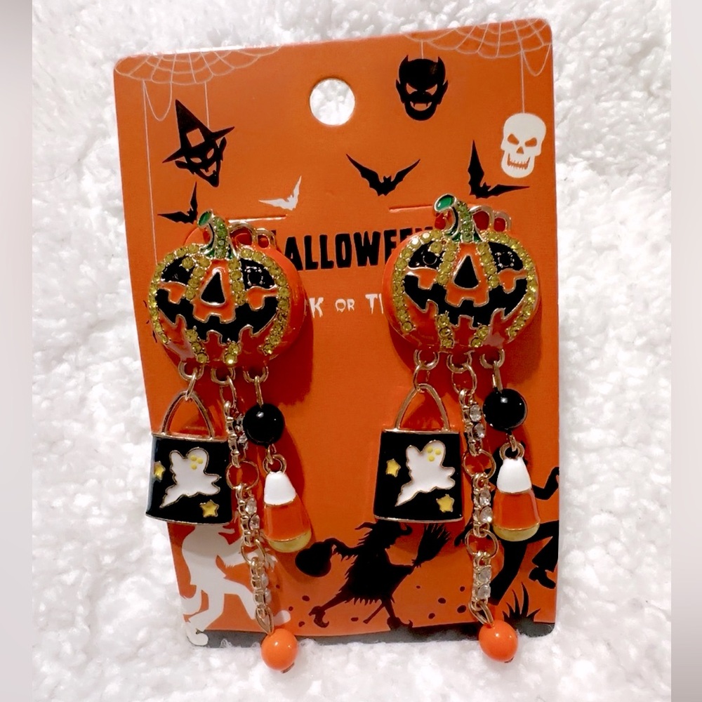 New Halloween Pumpkin Ghost Candy Corn Drop Tassels Earrings - Picture 3 of 4